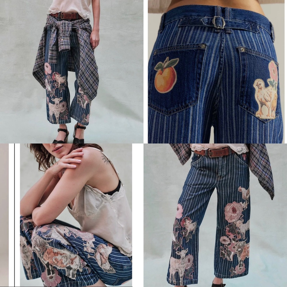 New Free People We The Free Farm To Peach Patched Jeans Barnyard Blue NWT‎ 26 - Picture 11 of 12